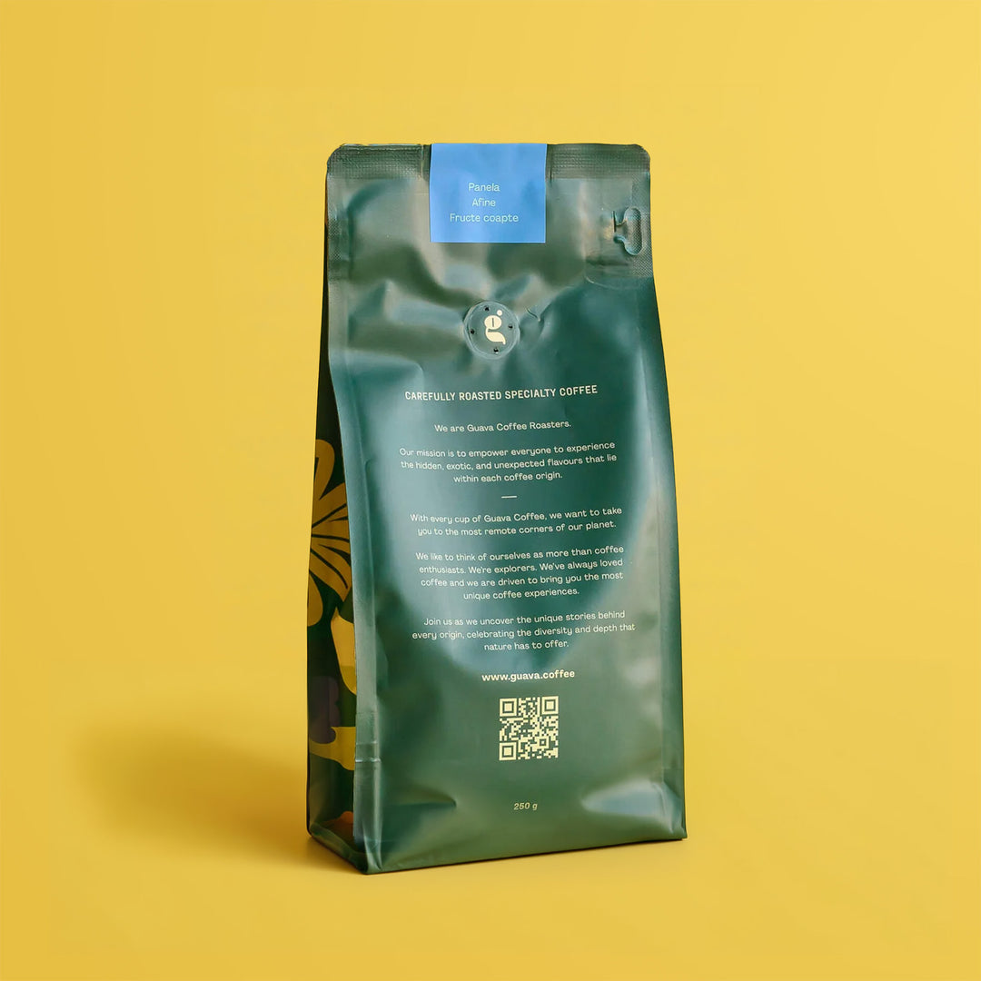 detalii note de cafea punga spate 250g de cafea artizanala guava